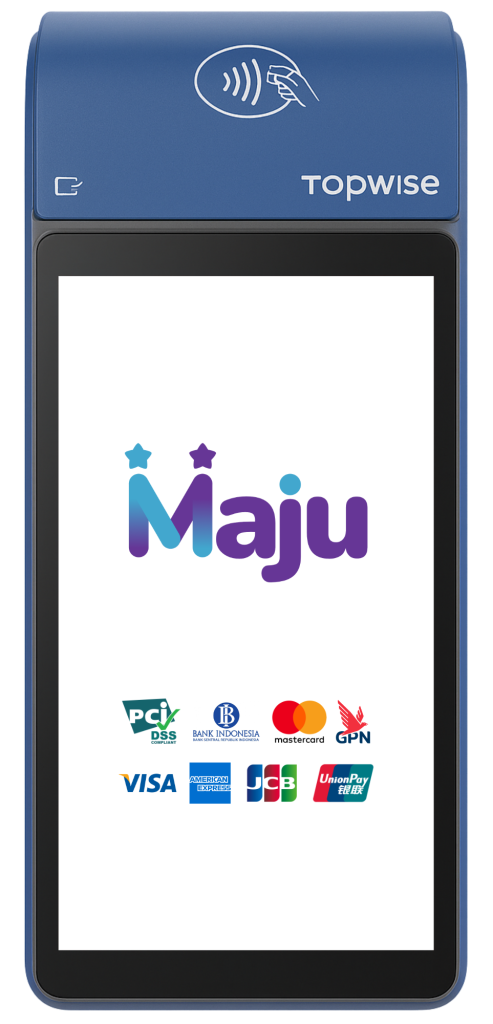 Mesin EDC Topwise menampilkan aplikasi Maju beserta logo jaringan pembayaran yang didukung.